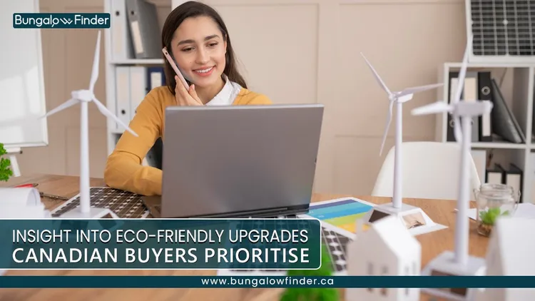Woman working at a laptop in a modern office with wind turbines and model homes on the desk, highlighting eco-friendly and energy-efficient home upgrades.